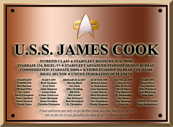 The commissioning dedication plaque of the Intrepid-class explorer USS James Cook NCC-79568